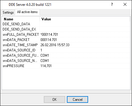Pressure data logger. DDE server window