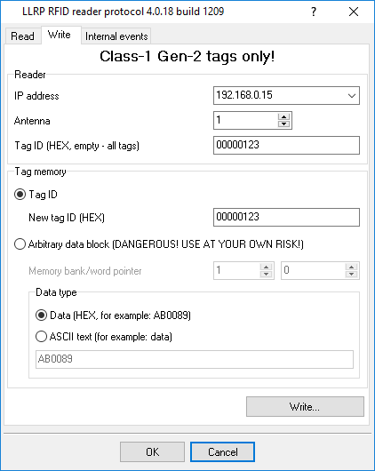 Writing data to the tag’s memory