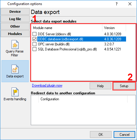 Selecting the data export module