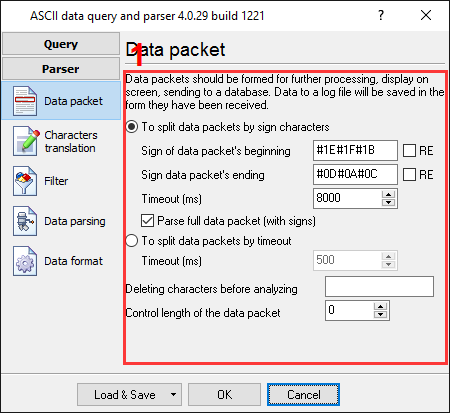 Serial data acquisition. Parser configuration window