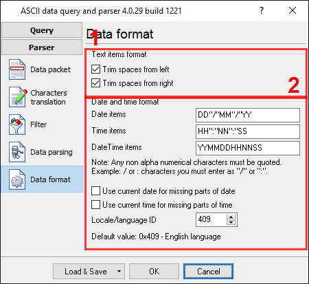 Serial data acquisition. Format of items