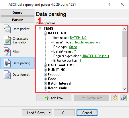 Serial data acquisition. Parser items