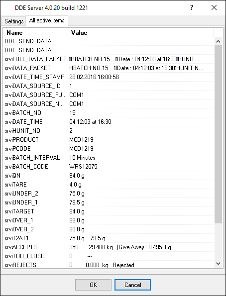 Serial data acquisition. DDE server window