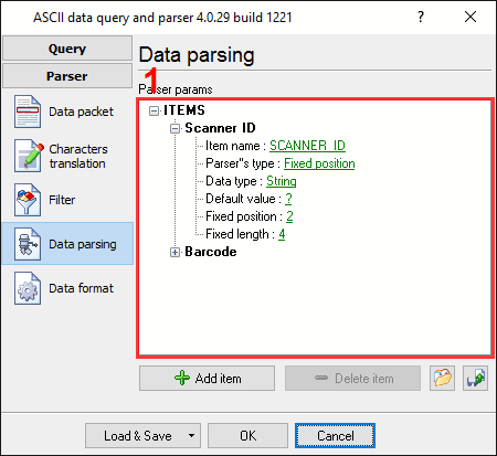 COM1 (barcode scanner). Parser items