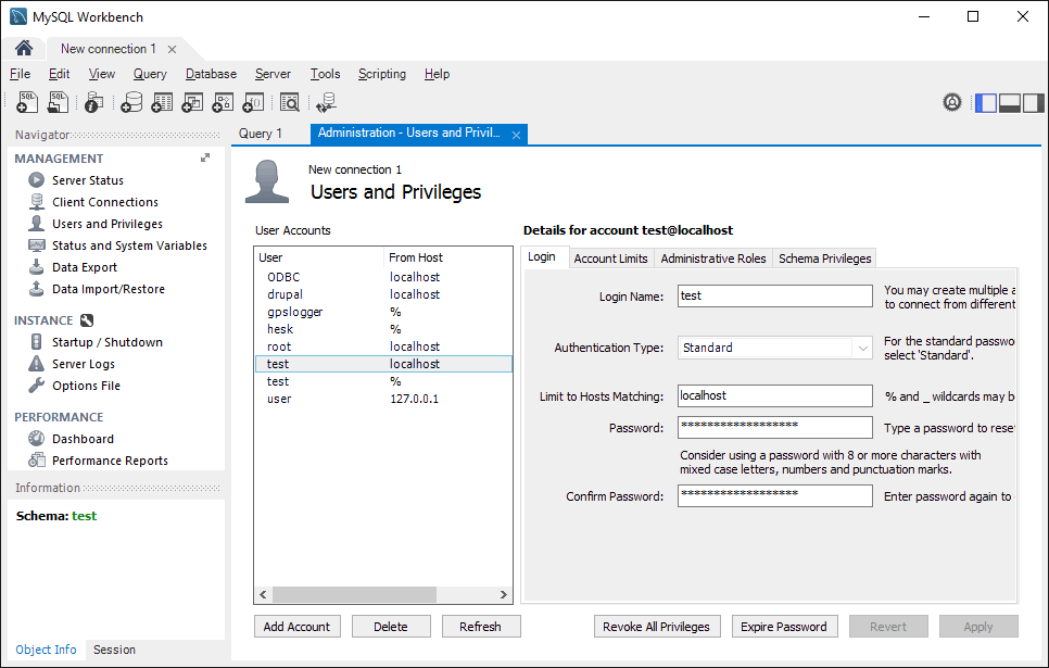 Export to MySQL. The new MySQL user