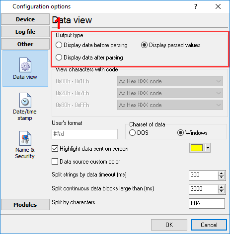 Data output settings for VKT-7