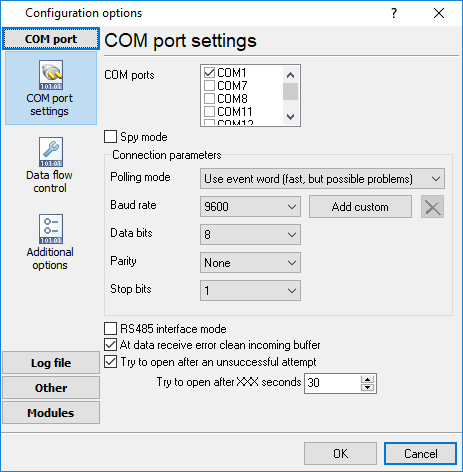 COM port (RS232) settings