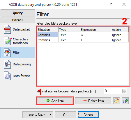 Weight data logger. Filter settings