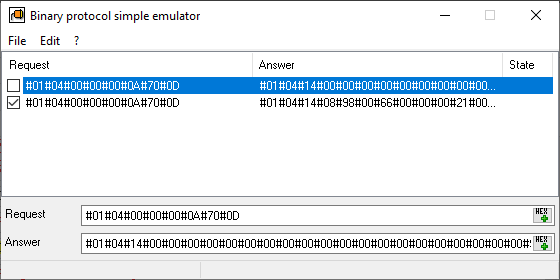 Binary protocol simulator plugin window
