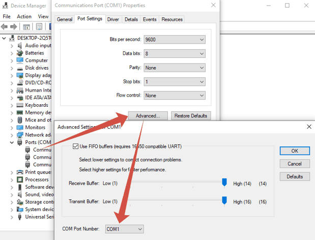 Changing the COM port number in Device Manager