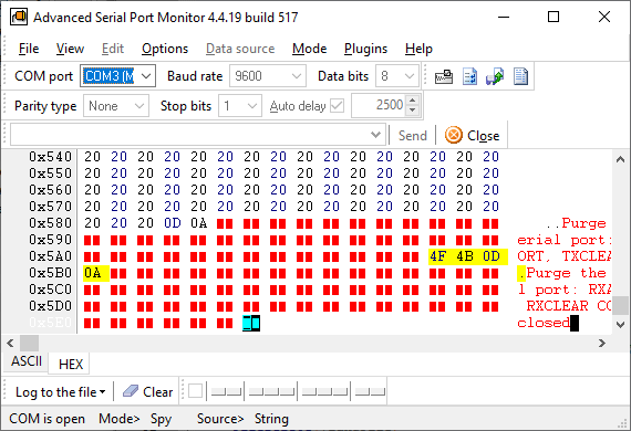 Serial Port Monitor. Hex data window.