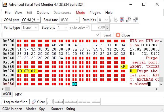 Serial Port Monitor. Hex data window.