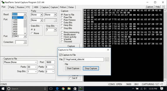 The RealTerm configuration window showing baud rate settings, data capture toggles, and raw hexadecimal output