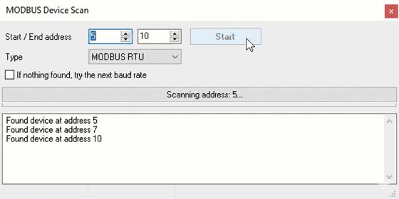 MODBUS device scan plugin window