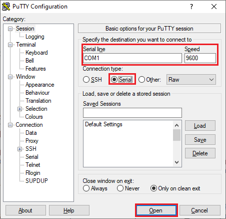 Opening a COM port in PuTTY