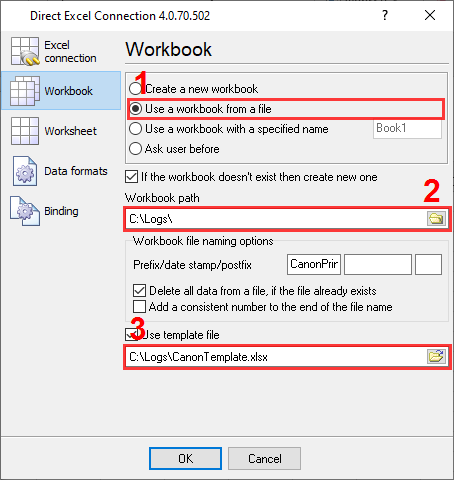 Excel file settings