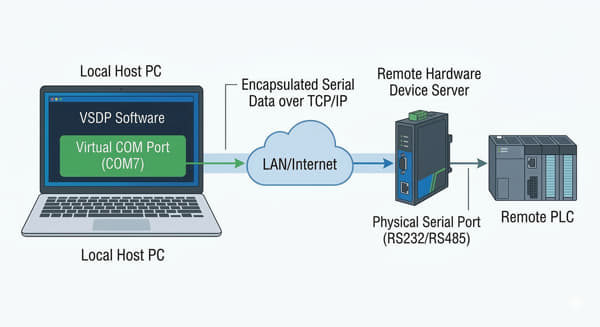 Diagram of VSDP architecture connecting a PC to a remote PLC over Ethernet