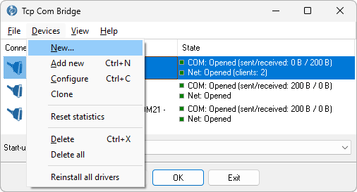 Devices menu: New, Add new, Configure, Clone, Reset statistics, Delete, Delete all, Reinstall all drivers