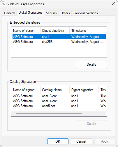 Properties of vsdevbus.sys, Digital Signatures page: embedded signatures by AGG Software with sha1 and sha256, catalog signatures below