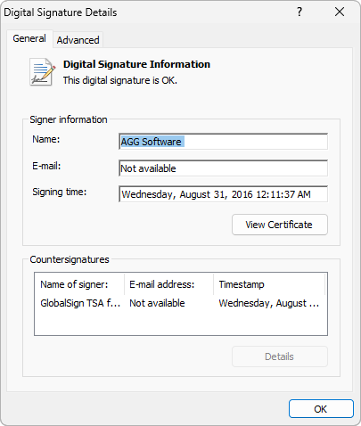 Digital Signature Details: This digital signature is OK, signer AGG Software, countersignature by GlobalSign