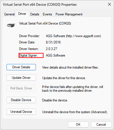 Device properties of Virtual Serial Port x64 Device (COM20), Driver page: Driver Provider AGG Software, Digital Signer AGG Software