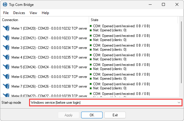 Main window with the start-up mode Windows service (before user login) selected