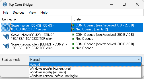 Start-up mode list: Manual, Windows registry (current user), Windows registry (all users), Windows service (before user login)