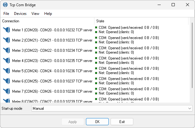 Main window with eight server connections, Meter 1 to Meter 8, on TCP ports 10232 to 10239, all opened