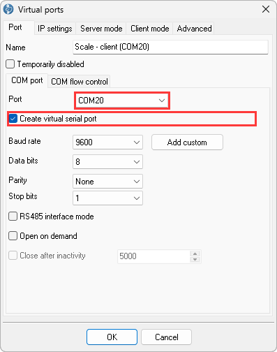 Port tab: Create virtual serial port checked, port COM20, name Scale - client (COM20)
