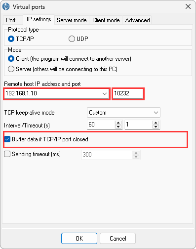 IP settings tab in client mode: remote host 192.168.1.10, port 10232, keep-alive Custom, Buffer data if TCP/IP port closed checked