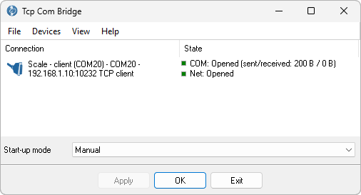 Main window: Scale - client (COM20), COM: Opened, Net: Opened, byte counters