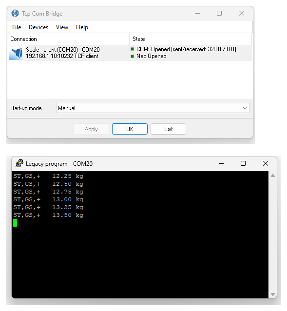 TCP COM Bridge main window and a terminal program that reads scale data from COM20