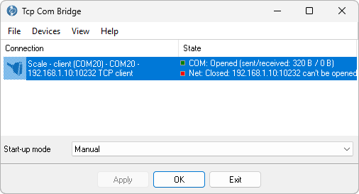 Main window with the state Net: Closed: 192.168.1.10:10232 can't be opened