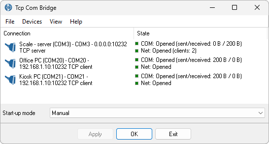 Main window with the server connection showing clients: 2 and two client connections