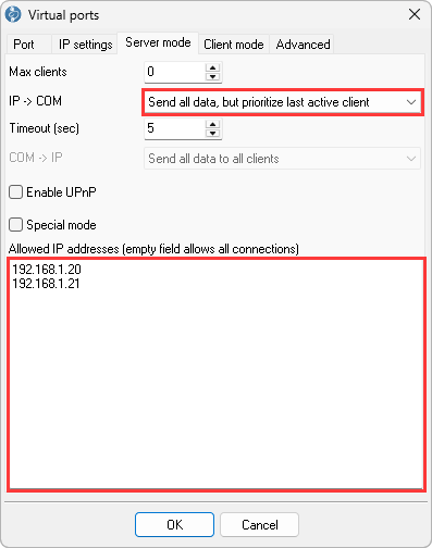 Server mode tab: IP to COM set to Send all data, but prioritize last active client, timeout 5 seconds, two allowed IP addresses