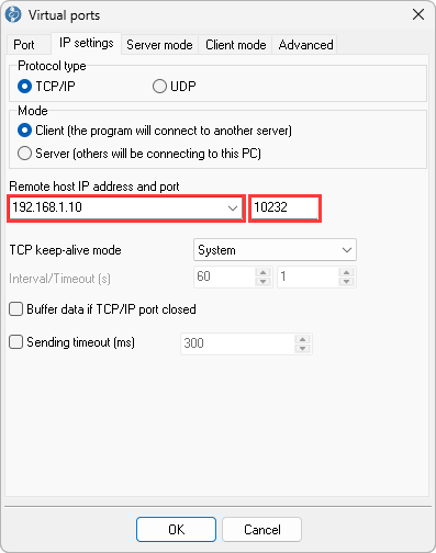 IP settings tab in client mode: remote host 192.168.1.10, port 10232