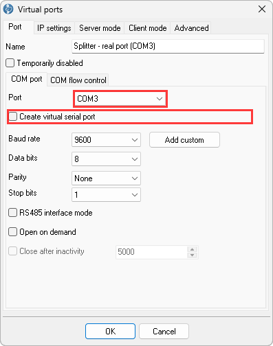 Port tab: COM3 selected, Create virtual serial port unchecked, name Splitter - real port (COM3)