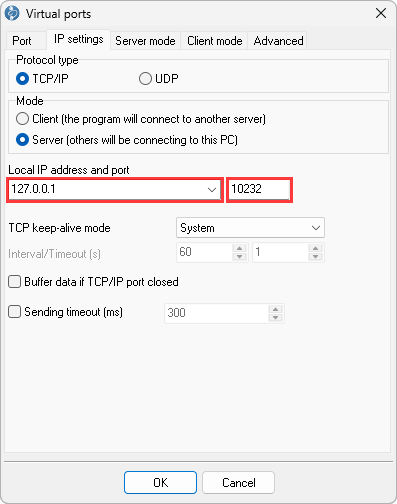 IP settings tab in server mode: local IP address 127.0.0.1, port 10232