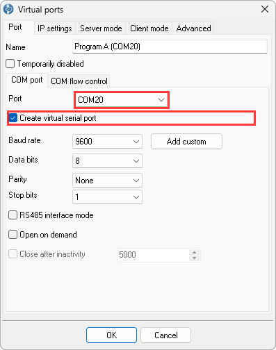 Port tab: Create virtual serial port checked, port COM20, name Program A (COM20)