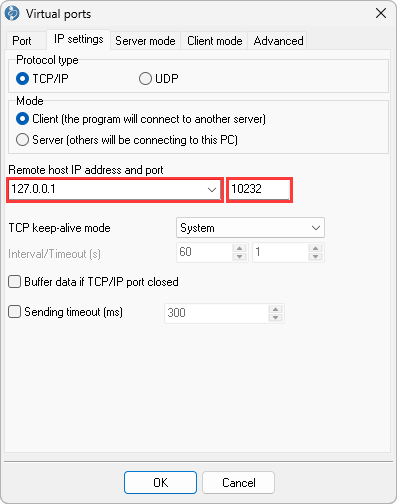 IP settings tab in client mode: remote host 127.0.0.1, port 10232