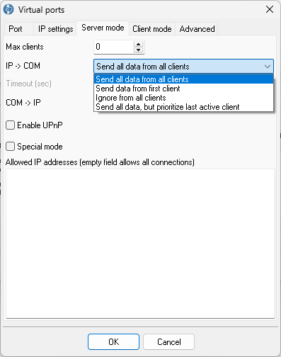 Server mode tab with the IP to COM list open: Send all data from all clients, Send data from first client, Ignore from all clients, Send all data but prioritize last active client