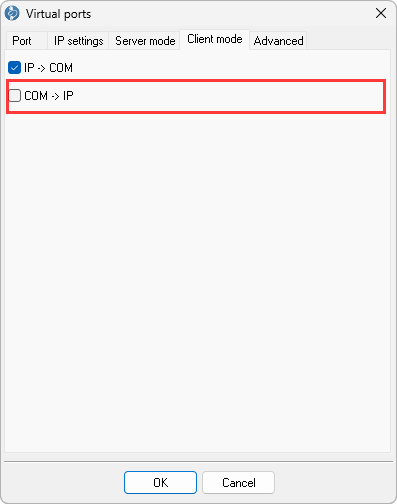 Client mode tab with IP to COM checked and COM to IP unchecked