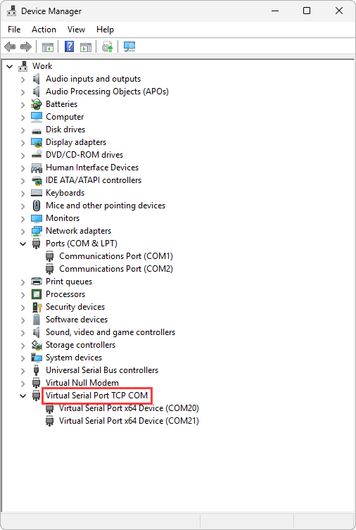 Device Manager: Ports (COM & LPT) with COM1 and COM2, Virtual Serial Port TCP COM with COM20 and COM21