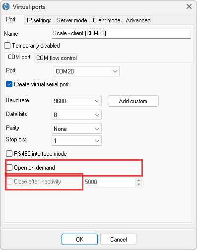 Port tab with Open on demand and Close after inactivity highlighted