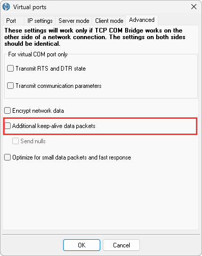 Advanced tab with Additional keep-alive data packets highlighted