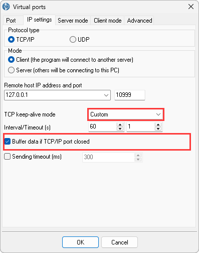 IP settings tab with TCP keep-alive mode Custom and Buffer data if TCP/IP port closed highlighted