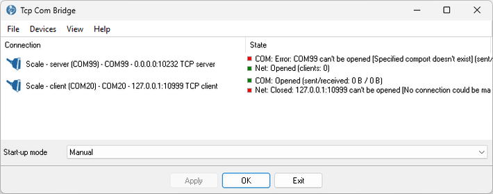 Main window with two failing connections: COM error, Specified comport doesn't exist, and Net: Closed, can't be opened