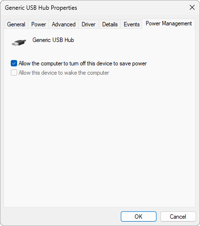 Power Management page of a USB hub with the box Allow the computer to turn off this device to save power